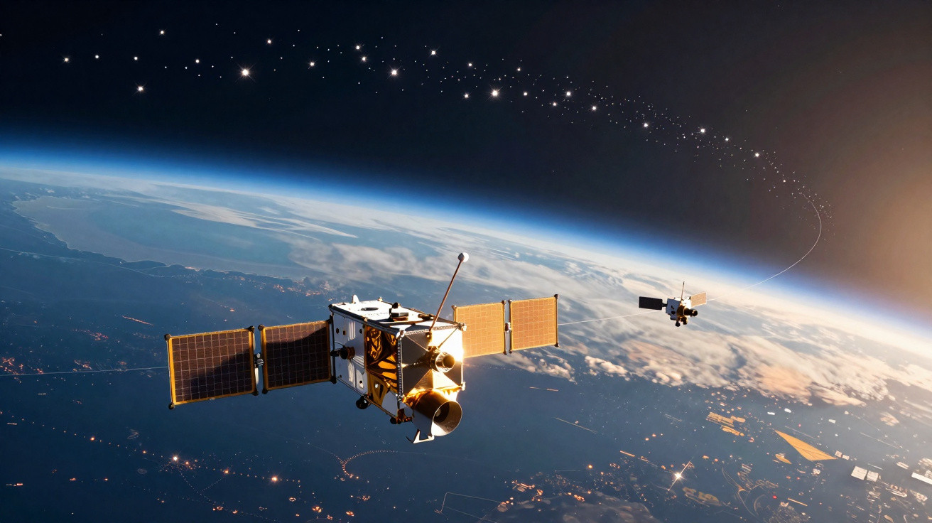 Satélites com painéis solares em órbita, vista da Terra e estrelas ao fundo.
