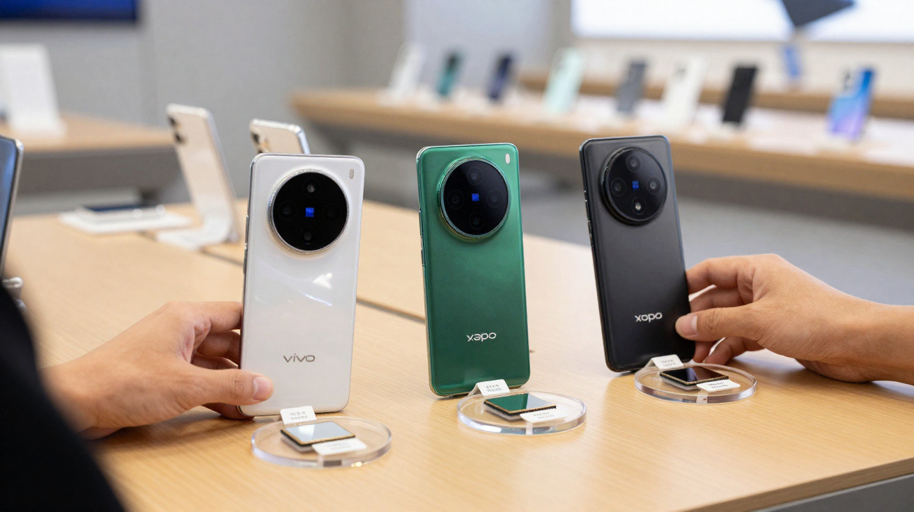 Três telemóveis Vivo em branco, verde e preto expostos numa loja, com duas mãos a segurá-los.