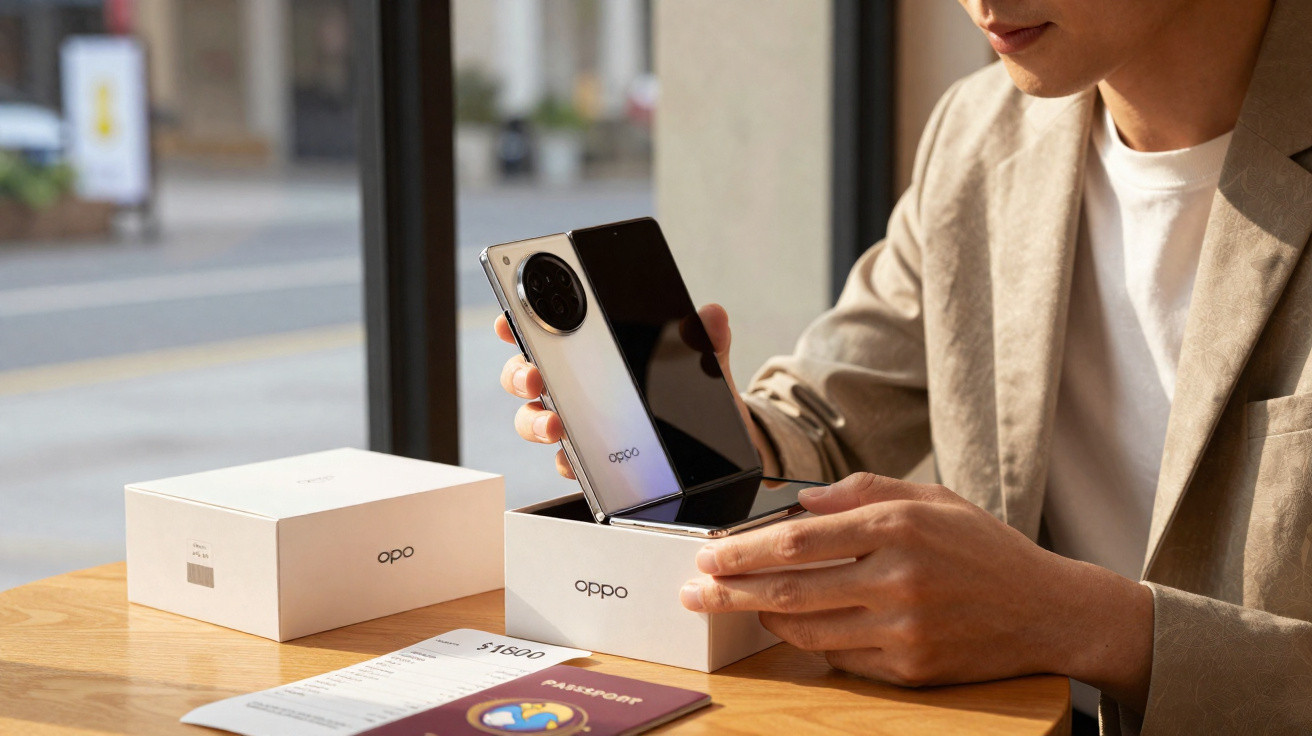 Pessoa a desembrulhar um smartphone Oppo novo em caixa branca sobre uma mesa com passaporte.