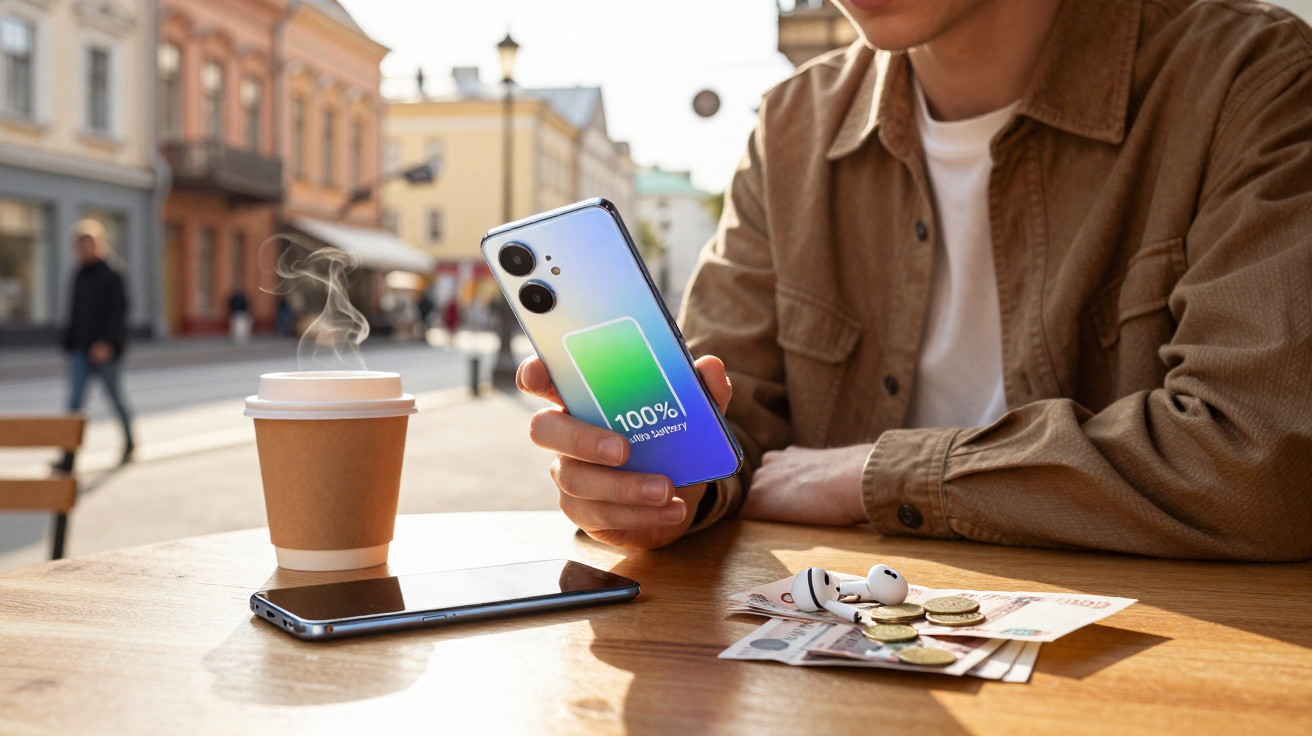 Pessoa segura smartphone com bateria a 100%, mesa com café, telefone, auriculares e moedas ao ar livre.