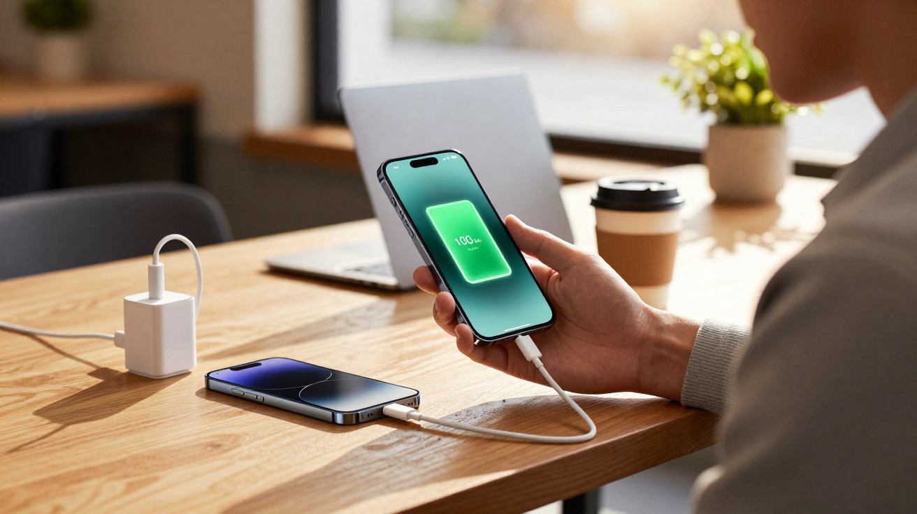 Pessoa a segurar um smartphone em carregamento, com outro telemóvel e um portátil numa mesa de madeira.