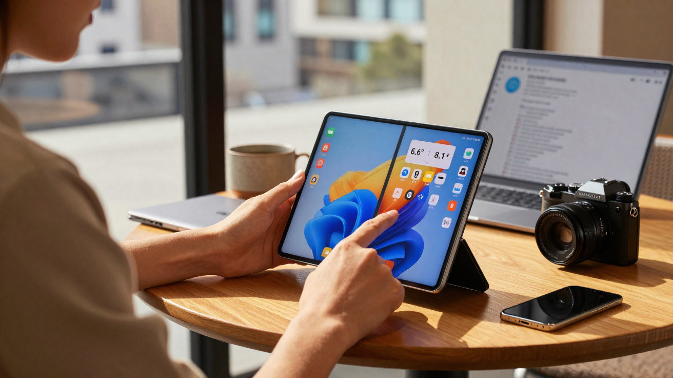 Pessoa a usar tablet dobrável numa mesa com portátil, telemóvel e máquina fotográfica analógica.