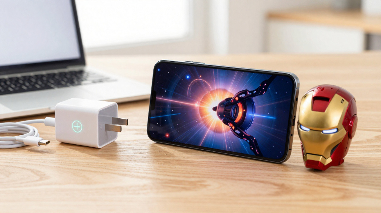 Smartphone com imagem de nave espacial, carregador branco, e mini capacete do Homem de Ferro numa mesa de madeira.