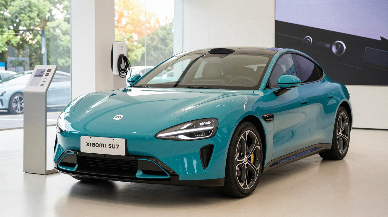 Carro elétrico Xiaomi SU7 azul exposto num espaço interior moderno, com estação de carregamento ao fundo.