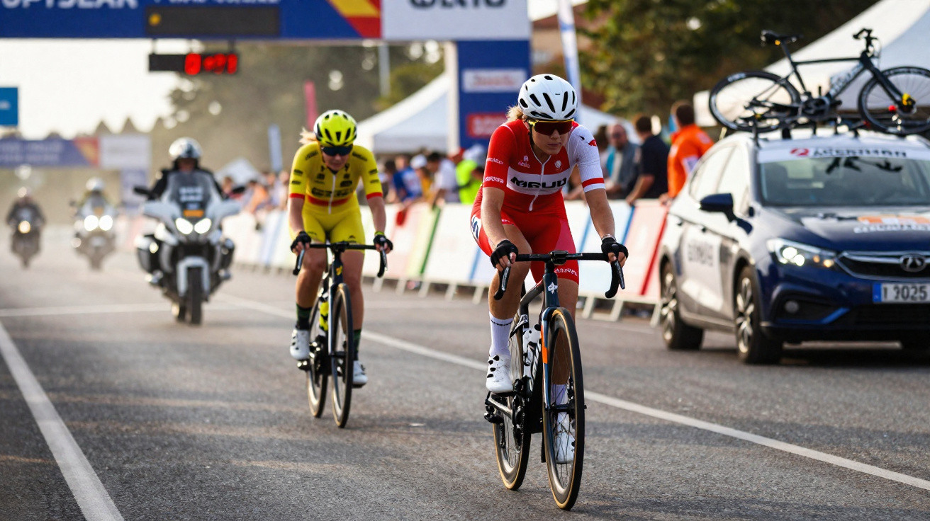 Ciclistas em corrida na estrada, com motos e carro de apoio a seguir durante prova competitiva.