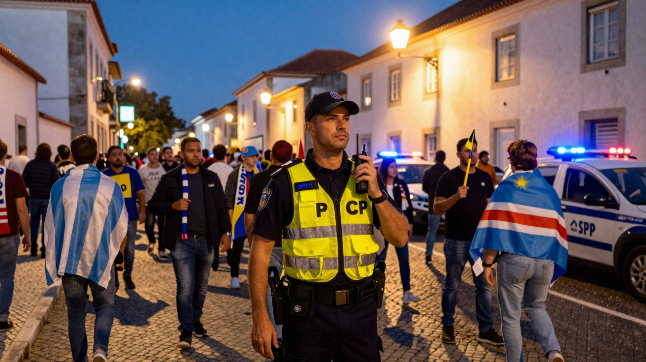 Polícia com colete amarelo e rádio acompanha multidão de pessoas com bandeiras numa rua à noite.