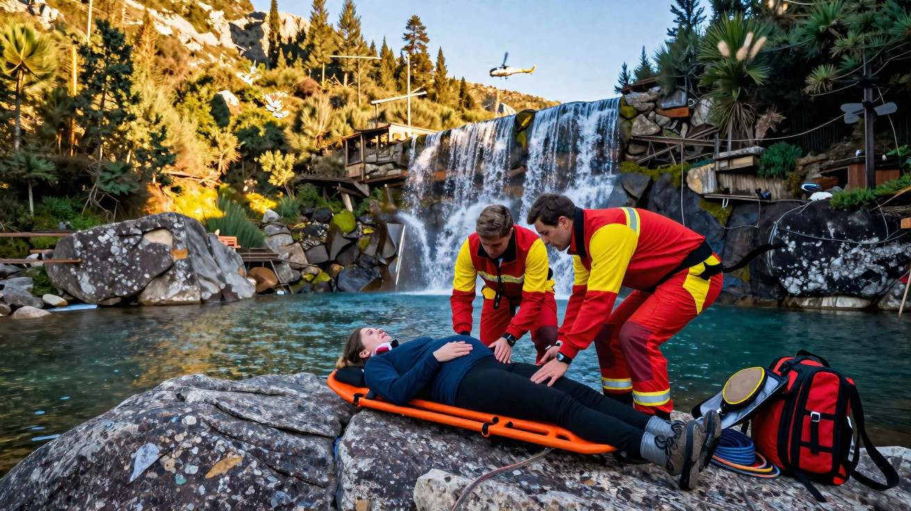 Equipa de resgate assiste pessoa deitada numa prancha laranja junto a cascata em ambiente natural rochoso.