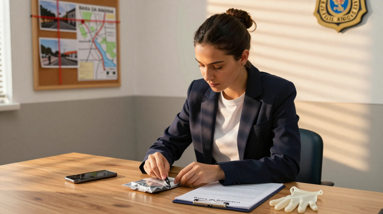 Mulher sentada a analisar uma pequena embalagem plástica numa mesa, com luvas e documentos ao lado.
