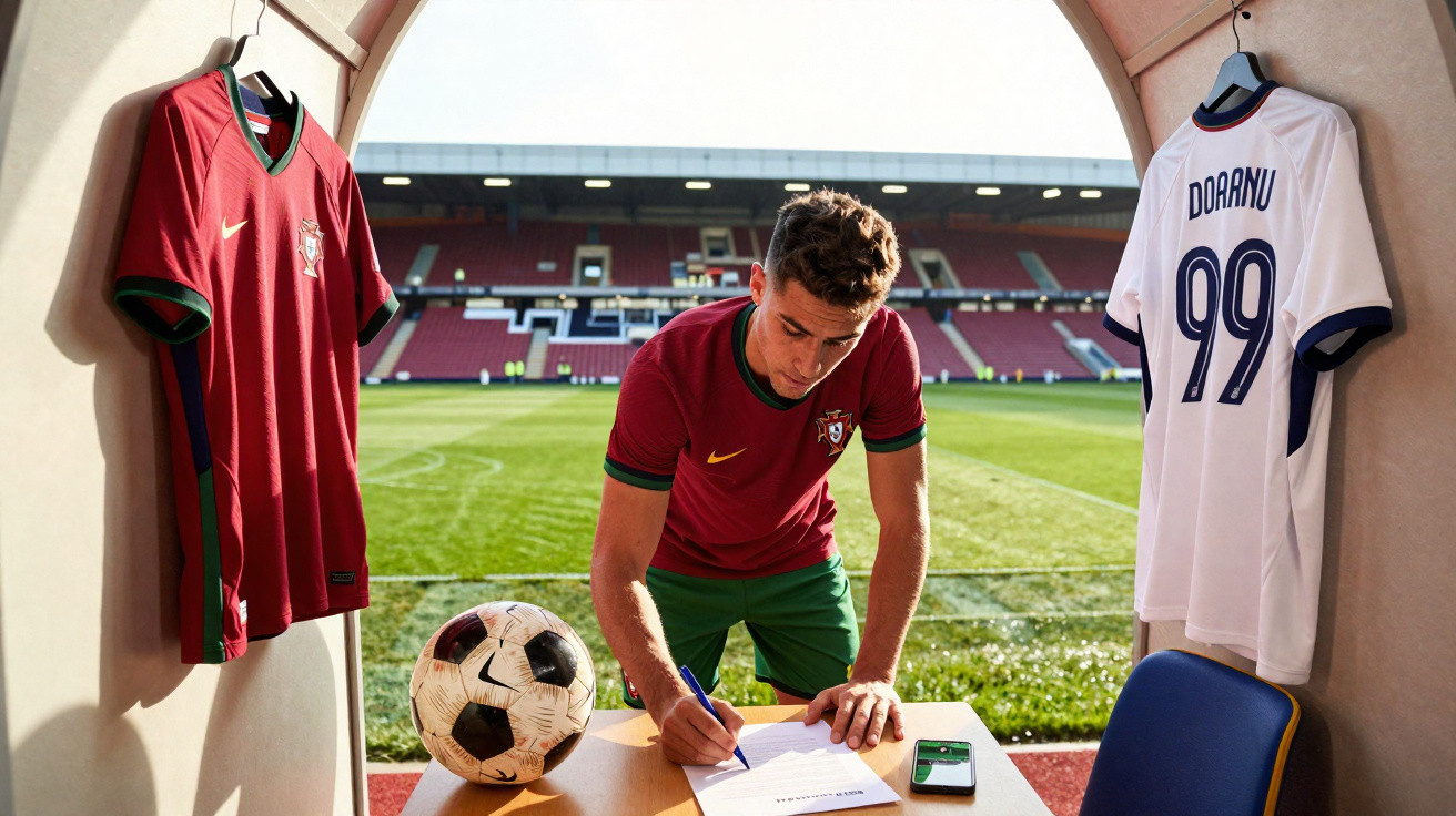 Jogador de futebol assina contrato num estádio, entre camisolas penduradas de Portugal e do adversário.