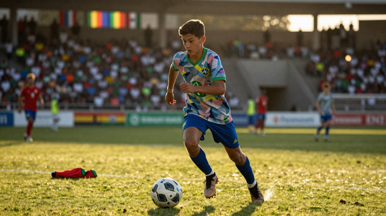 Criança com camisola colorida e calção azul a correr atrás de uma bola num campo de futebol com público.