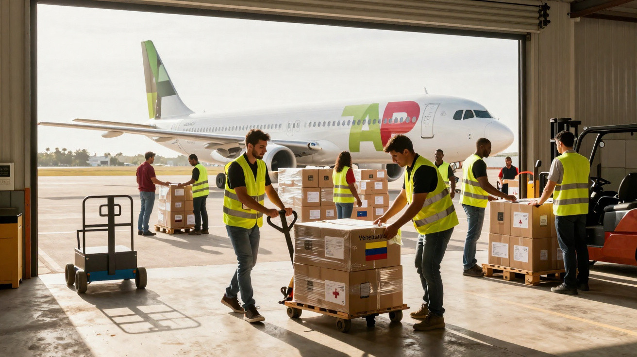 Trabalhadores a transportar caixas num armazém junto a um avião TAP em espera no aeroporto.