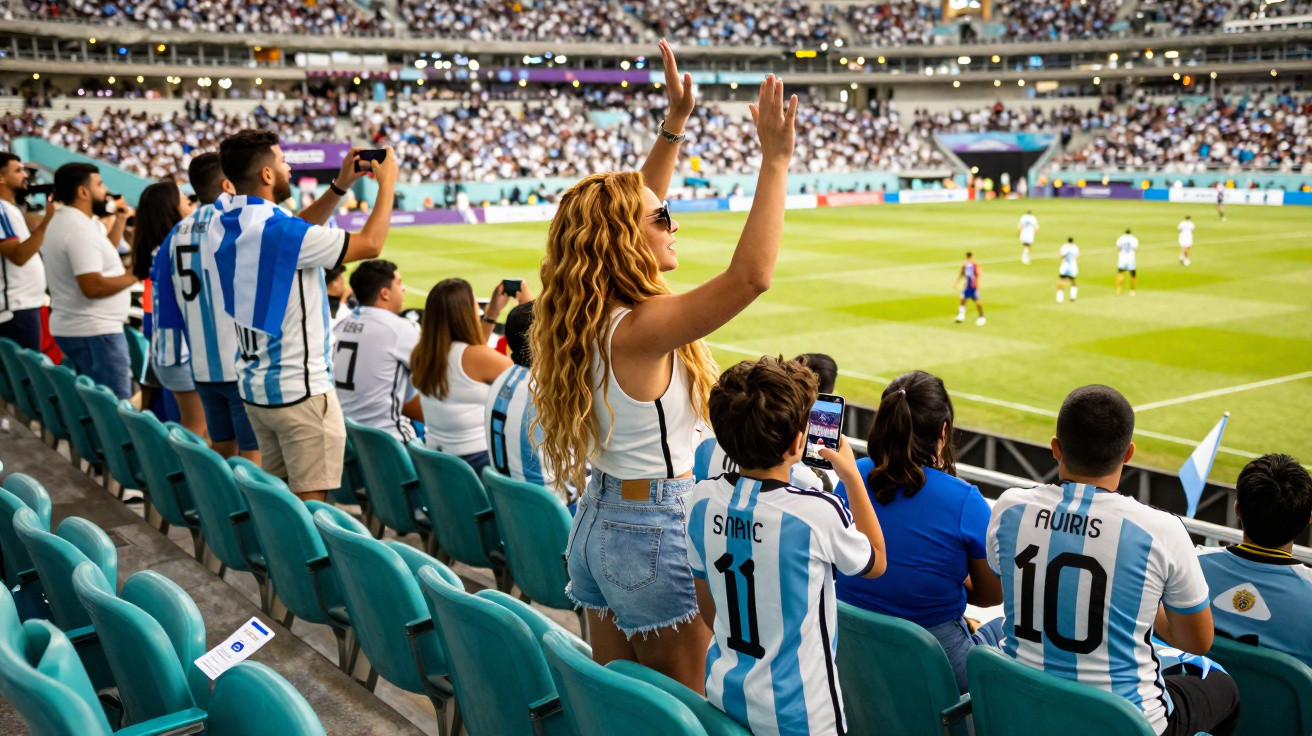 Adepto com camisola da Argentina a festejar durante jogo de futebol num estádio cheio.