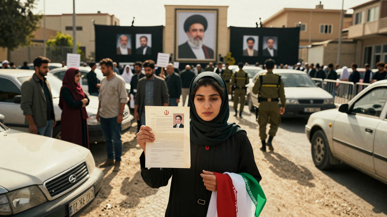Mulher com hijab segura documento e bandeira do Irão em fila para votar, com carros e militares ao fundo.