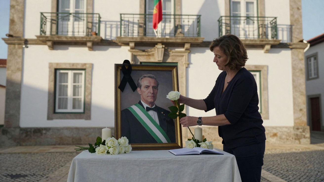 Mulher coloca flor branca junto a quadro de homem com faixa presidencial em memorial ao ar livre.