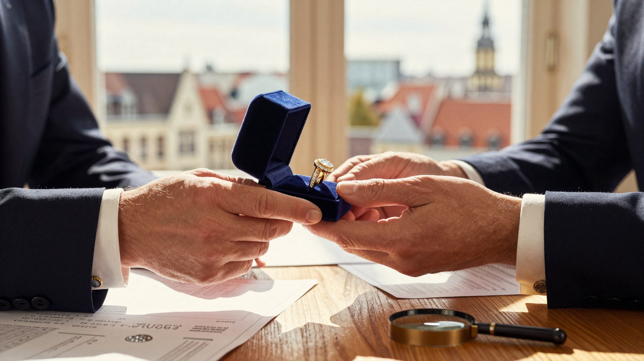 Duas pessoas em fato trocam um anel de ouro numa caixa azul sobre uma mesa com documentos e uma lupa.