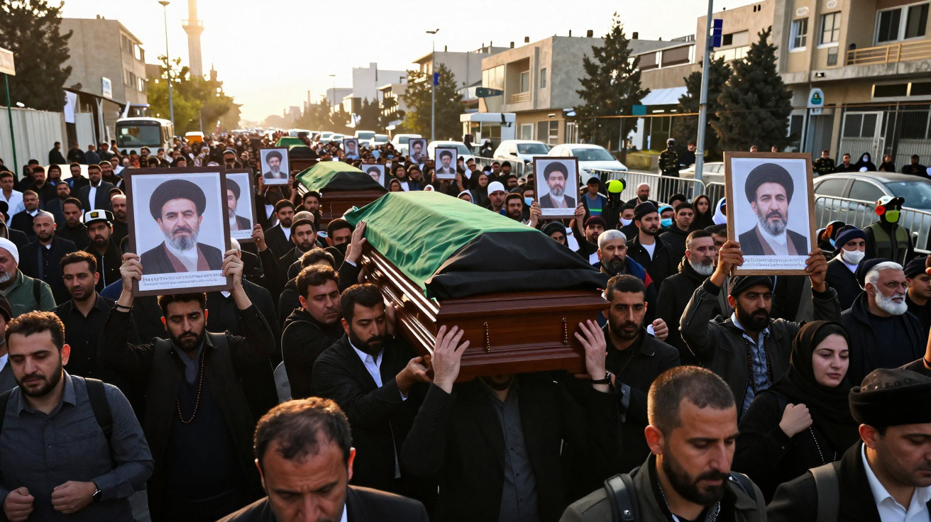 Multidão numa procissão funerária carregando caixão e fotos de homem com turbante negro.
