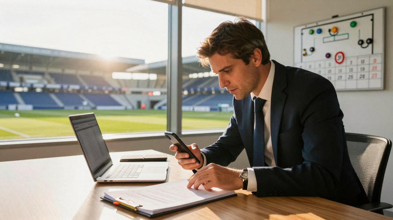 Homem de fato sentado numa sala junto a um campo de futebol, a consultar o telemóvel e documentos na secretária.