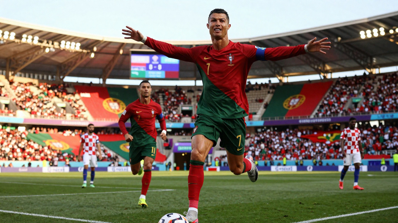 Jogador de futebol português em ação com camisola vermelha e verde, braços abertos, no estádio cheio de espectadores.