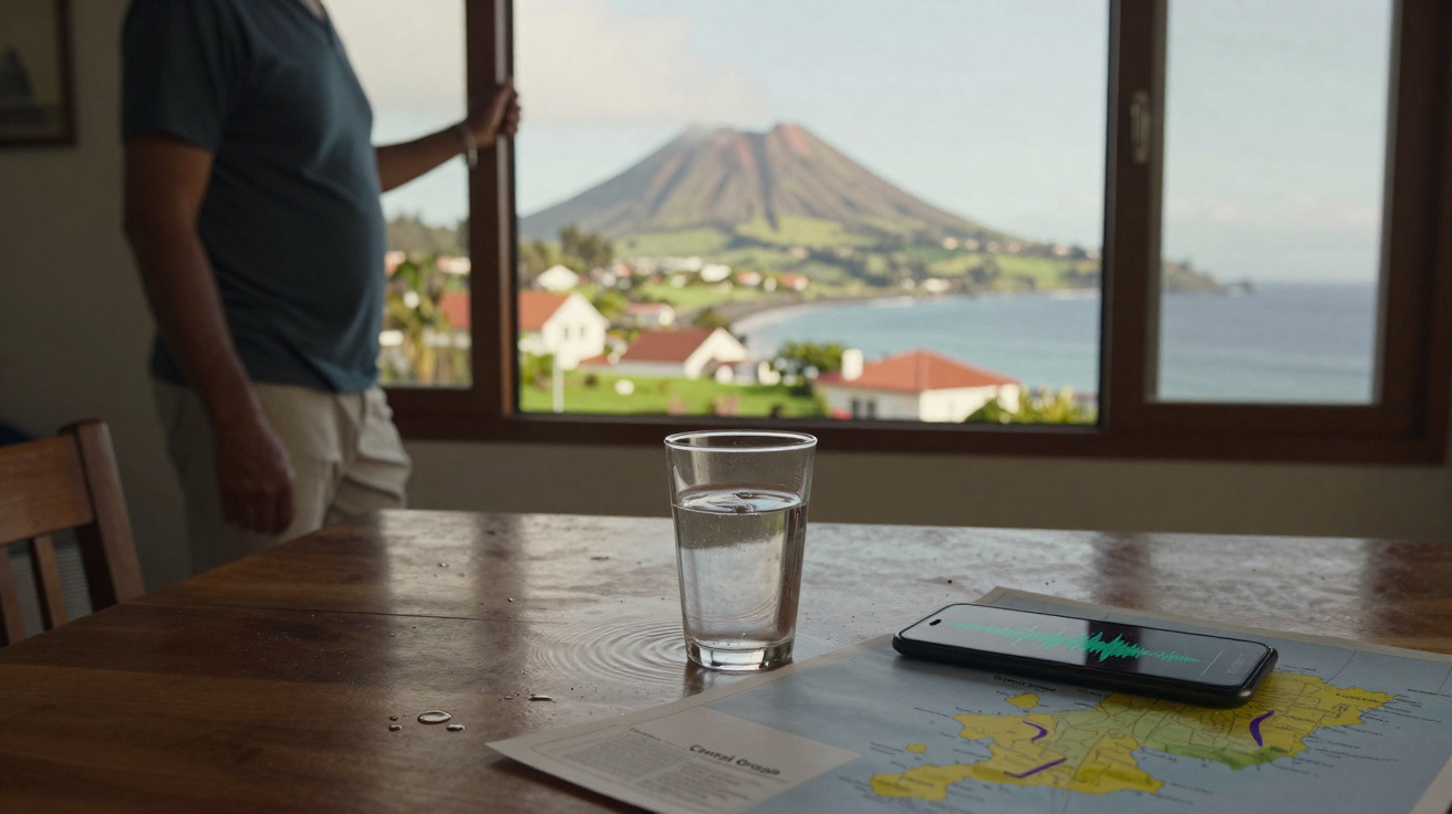 Homem observa vulcão através de janela, com copo de água e mapa com telemóvel numa mesa de madeira.