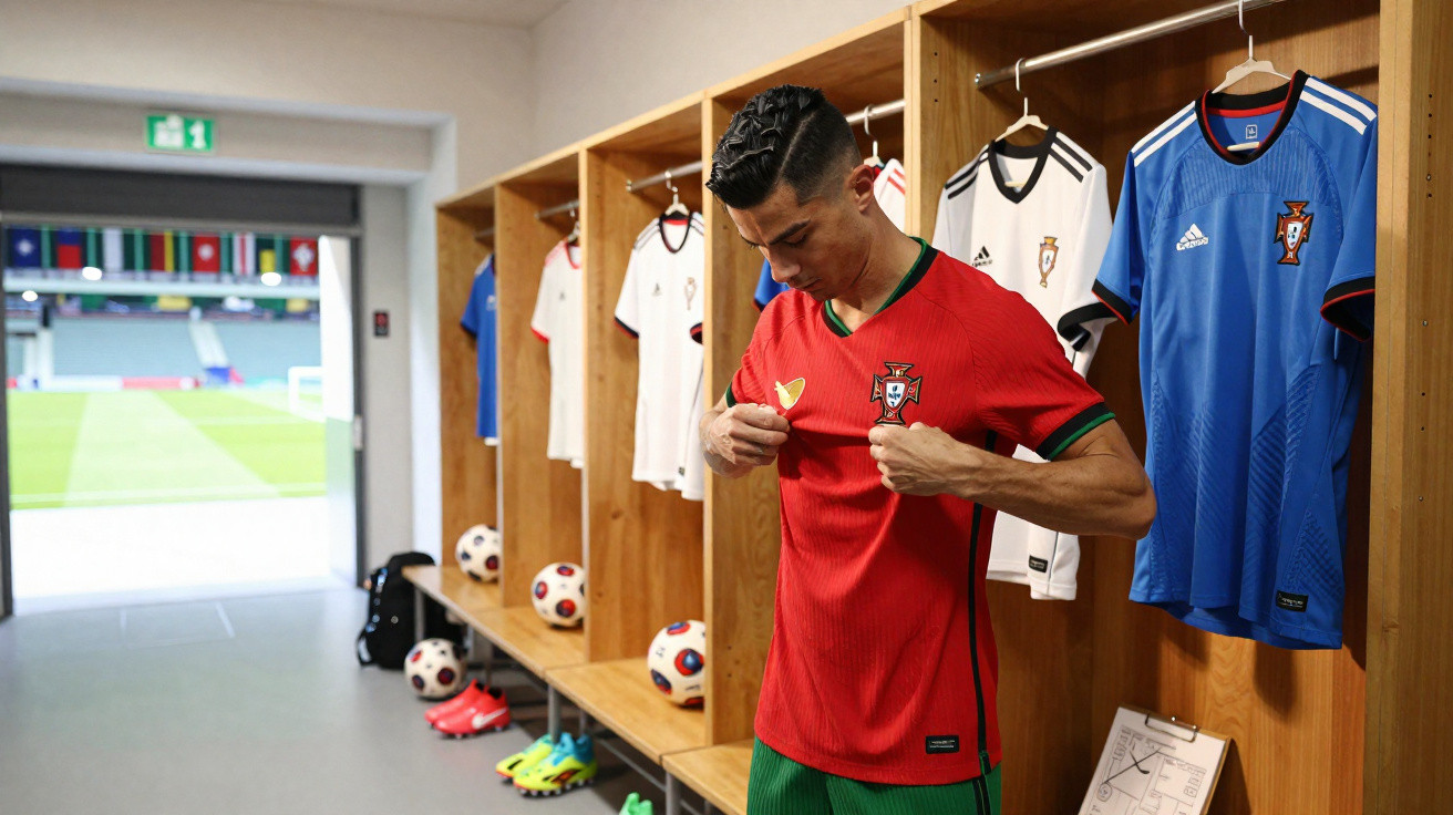 Jogador de futebol veste camisola vermelha da seleção em balneário com camisas penduradas.