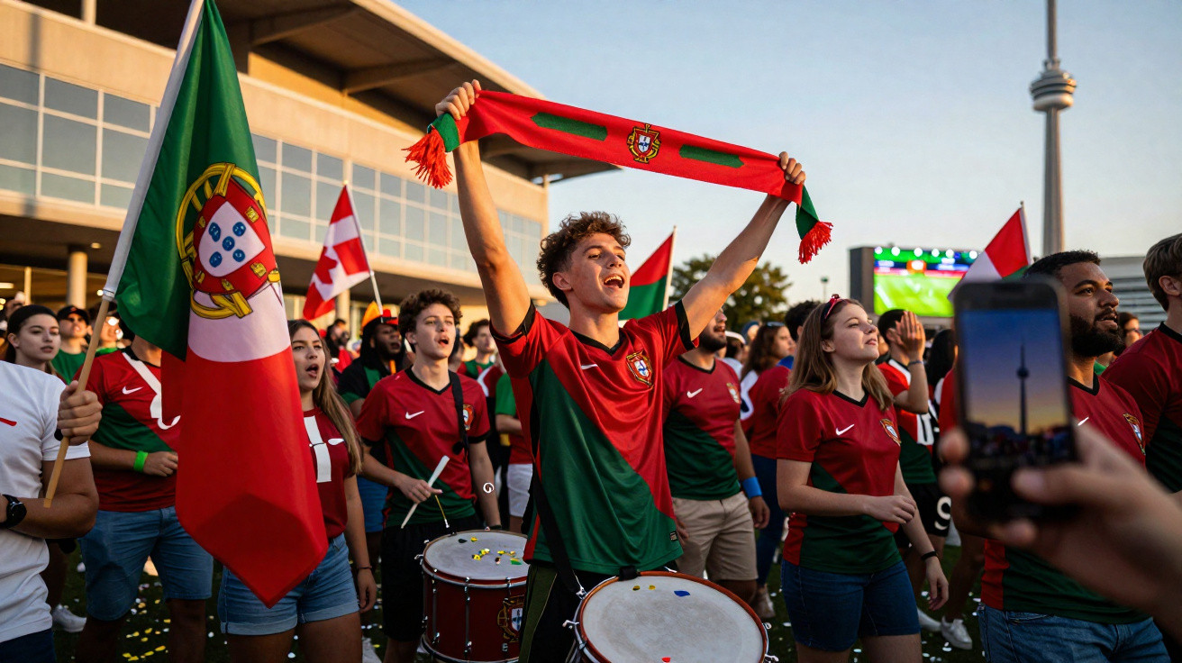Adepto português com cachecol e bandeira, rodeado por outros fãs vestidos com camisolas da seleção, num evento ao ar livre.