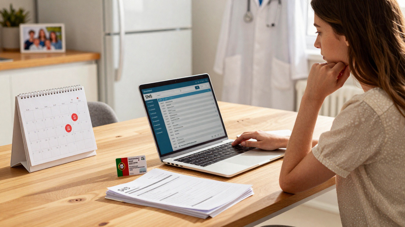 Mulher a consultar informações médicas no computador, com cartão do SNS, documentos e calendário numa mesa.