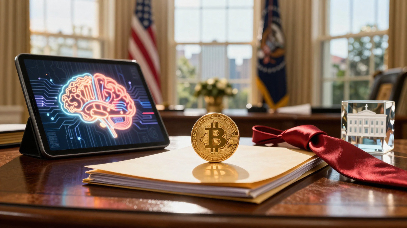 Mesa de escritório com moeda Bitcoin, tablet com cérebro digital, gravata vermelha e bandeiras americanas ao fundo.
