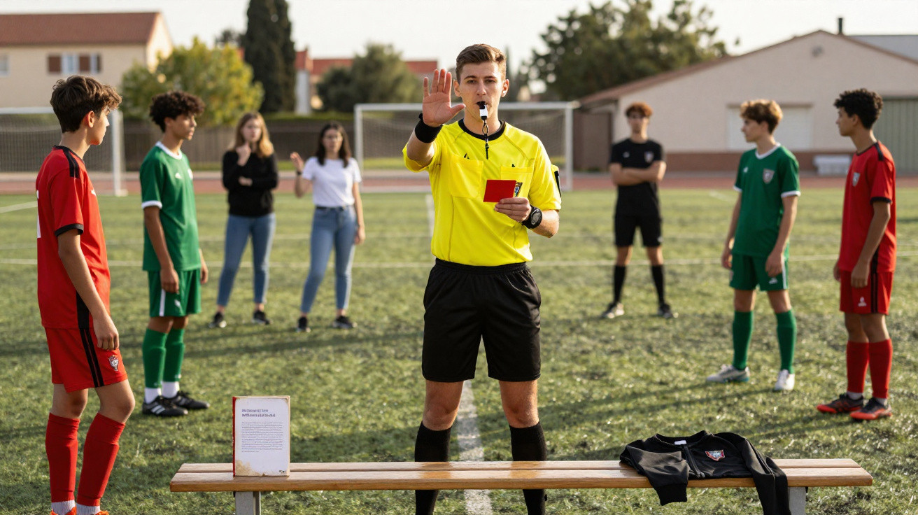 Árbitro mostra cartão vermelho a jogador durante jogo de futebol juvenil num campo relvado.