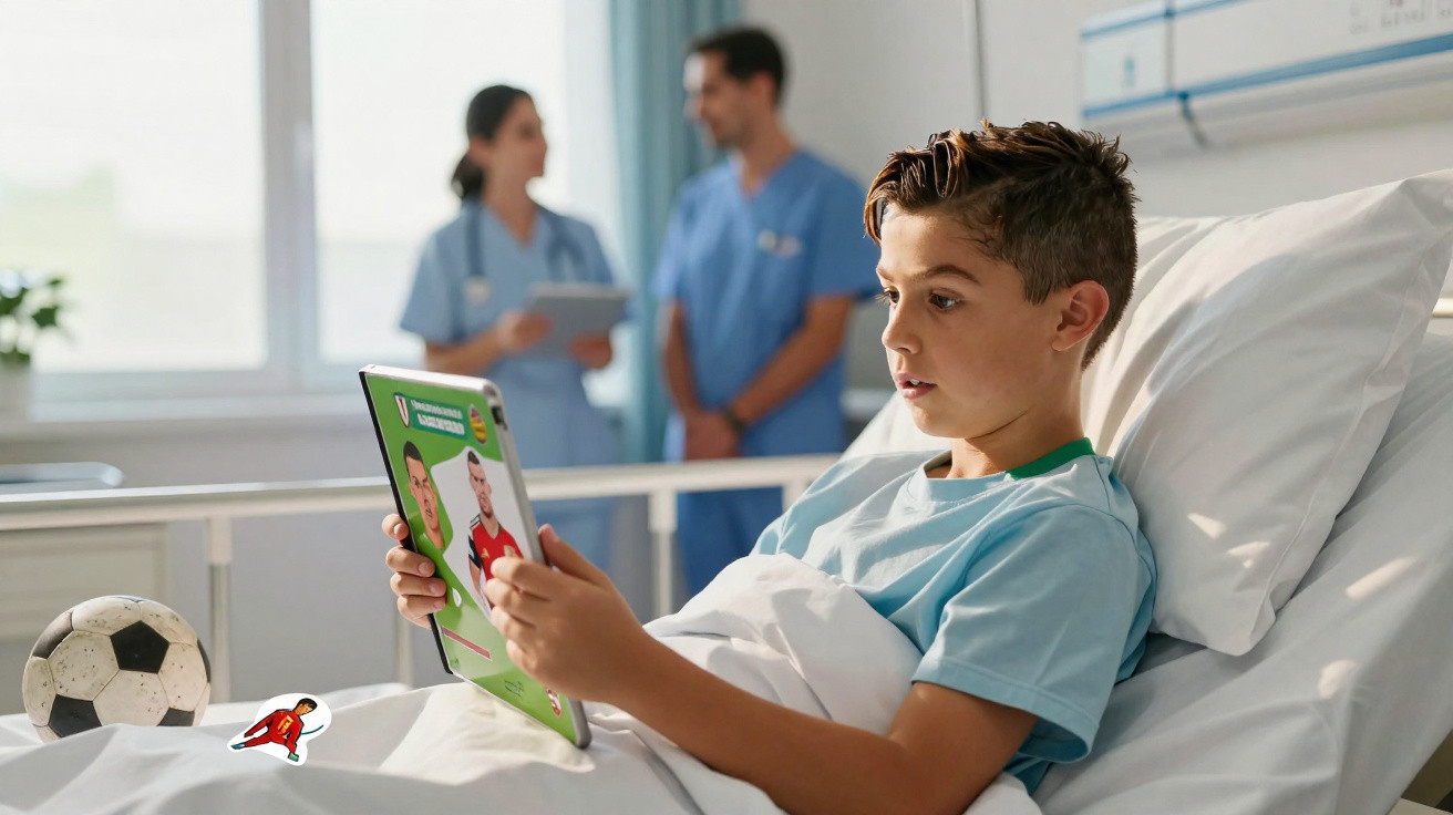 Criança em cama de hospital a usar tablet, com bola de futebol ao lado e profissionais de saúde ao fundo.