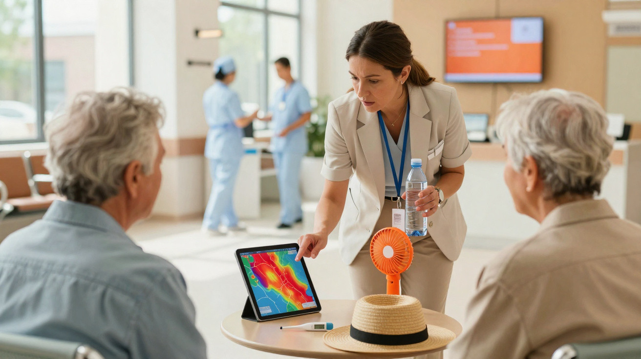 Profissional de saúde explica dados numa tablet a casal idoso numa sala de espera de hospital.