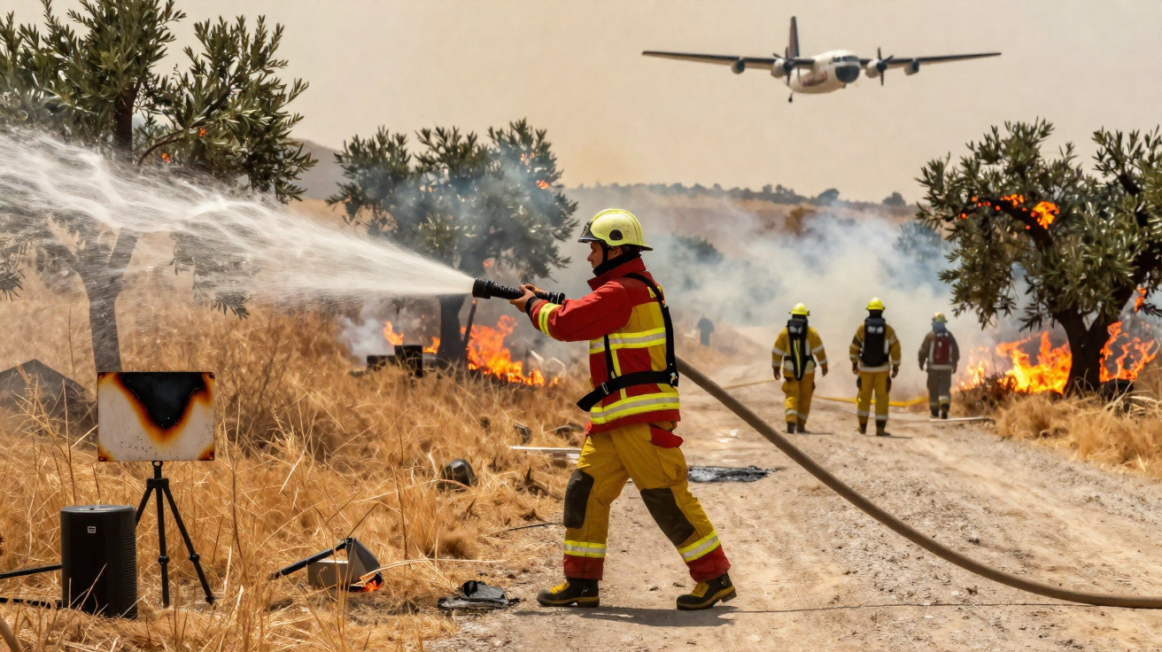 Bombeiros combatem incêndio florestal em terreno seco com avião de combate a incêndios ao fundo.