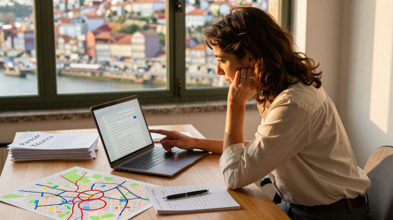 Mulher a trabalhar num portátil com mapa e documentos numa mesa perto de janela com vista urbana.