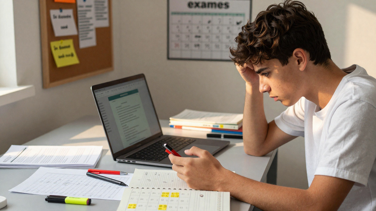 Jovem preocupado a estudar num espaço de estudo com computador, livros e apontamentos sobre a mesa.