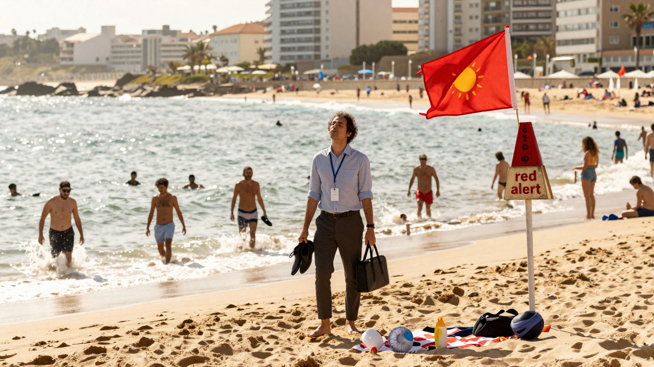Homem de camisa e calças com sapatos na mão na praia com placa de alerta vermelho e pessoas na água ao fundo.
