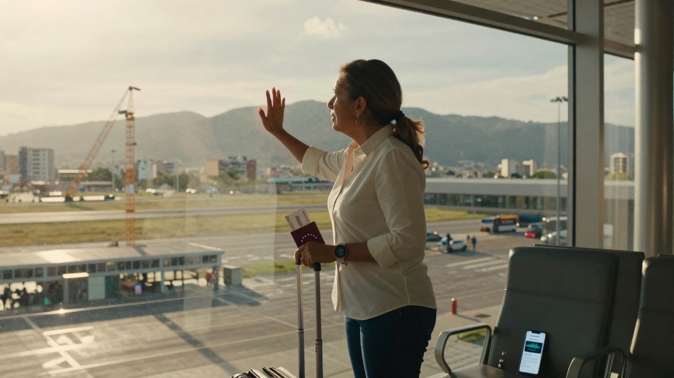 Mulher com mala e passaporte acena numa janela do aeroporto com vista para pista e montanhas ao fundo.