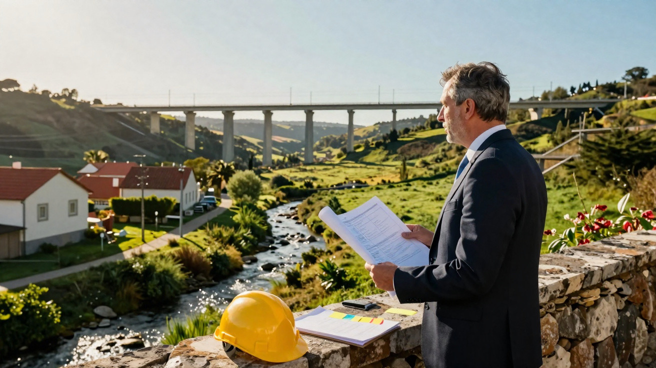 Homem de fato a analisar documentos junto a um capacete amarelo numa paisagem rural com rio e viaduto ao fundo.