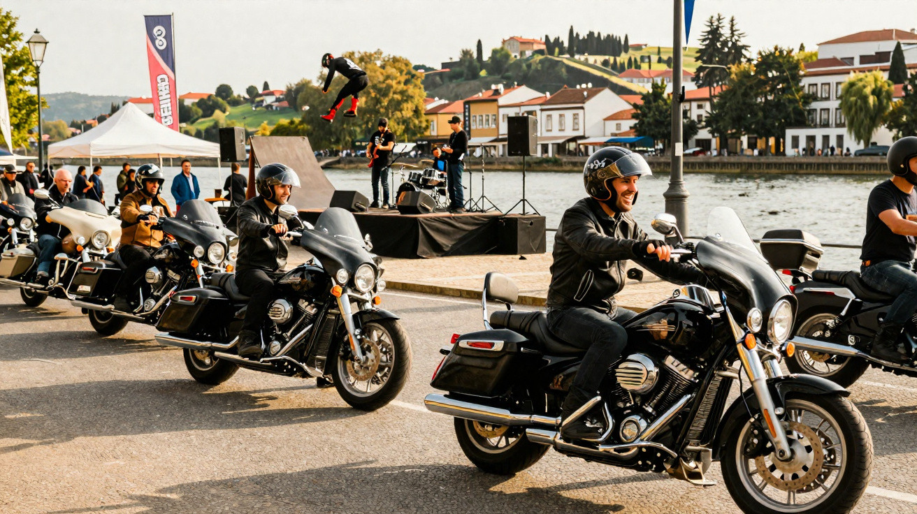 Grupo de motociclistas em evento junto a rio, com skatista a fazer manobra e banda a tocar ao fundo.