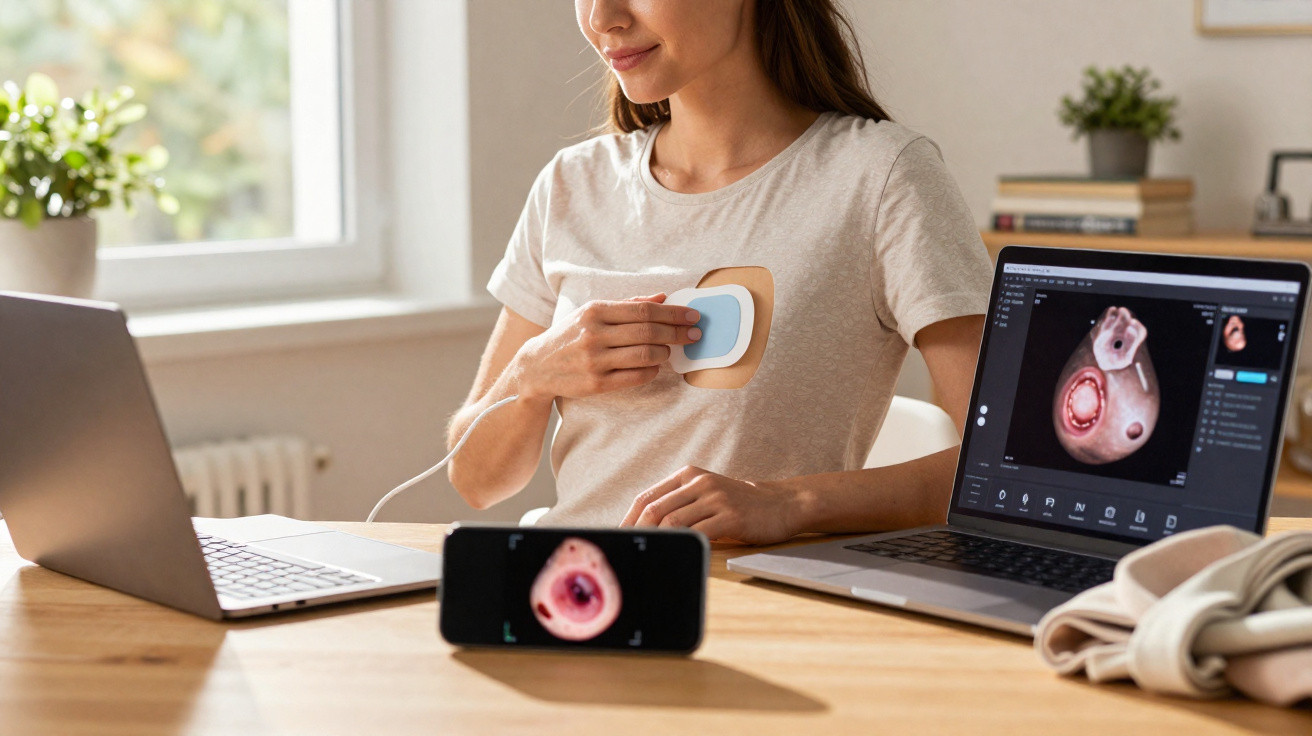 Mulher sentada a usar dispositivo portátil para exame digital da mama, com imagem da mama em computador e telemóvel.