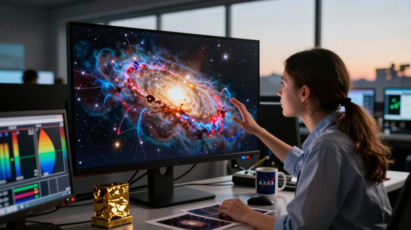 Mulher a analisar imagem digital de uma galáxia num monitor num escritório moderno de astronomia.