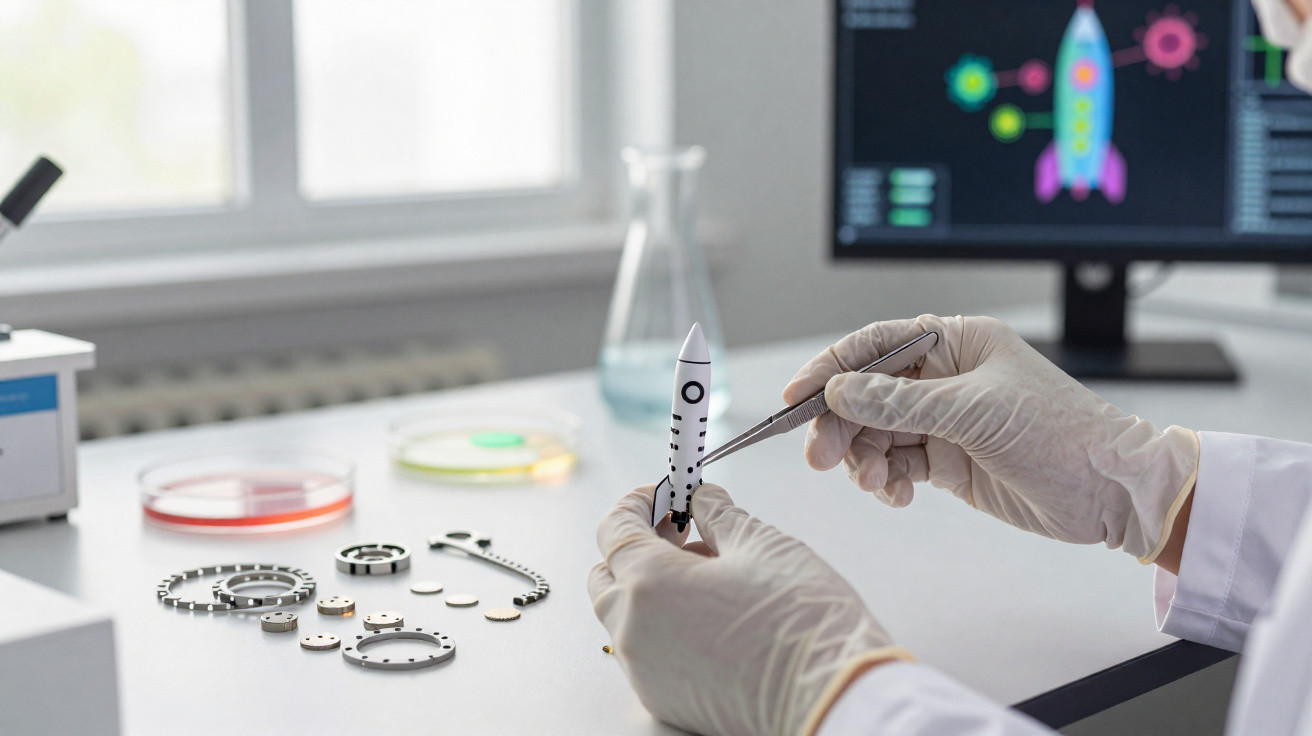 Mãos com luvas manipulam miniatura de foguete em laboratório, com peças e monitor de foguete ao fundo.