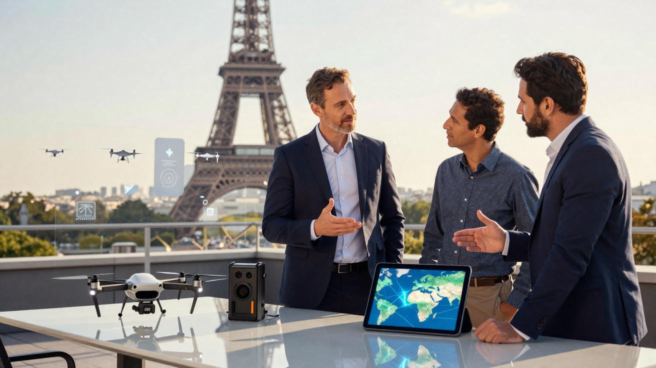 Três homens em reunião ao ar livre em Paris com drones e tablet com mapa sobre a mesa.