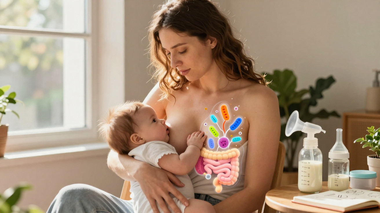 Mãe amamenta bebé com ilustração digital de bactérias e intestinos, simbolizando microbioma e saúde.