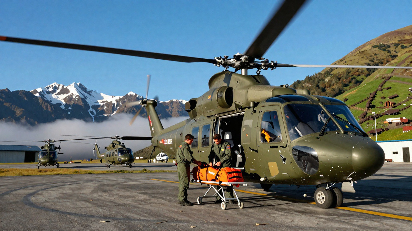 Helicóptero militar verde com dois homens a carregar maca numa pista rodeada por montanhas com neve.