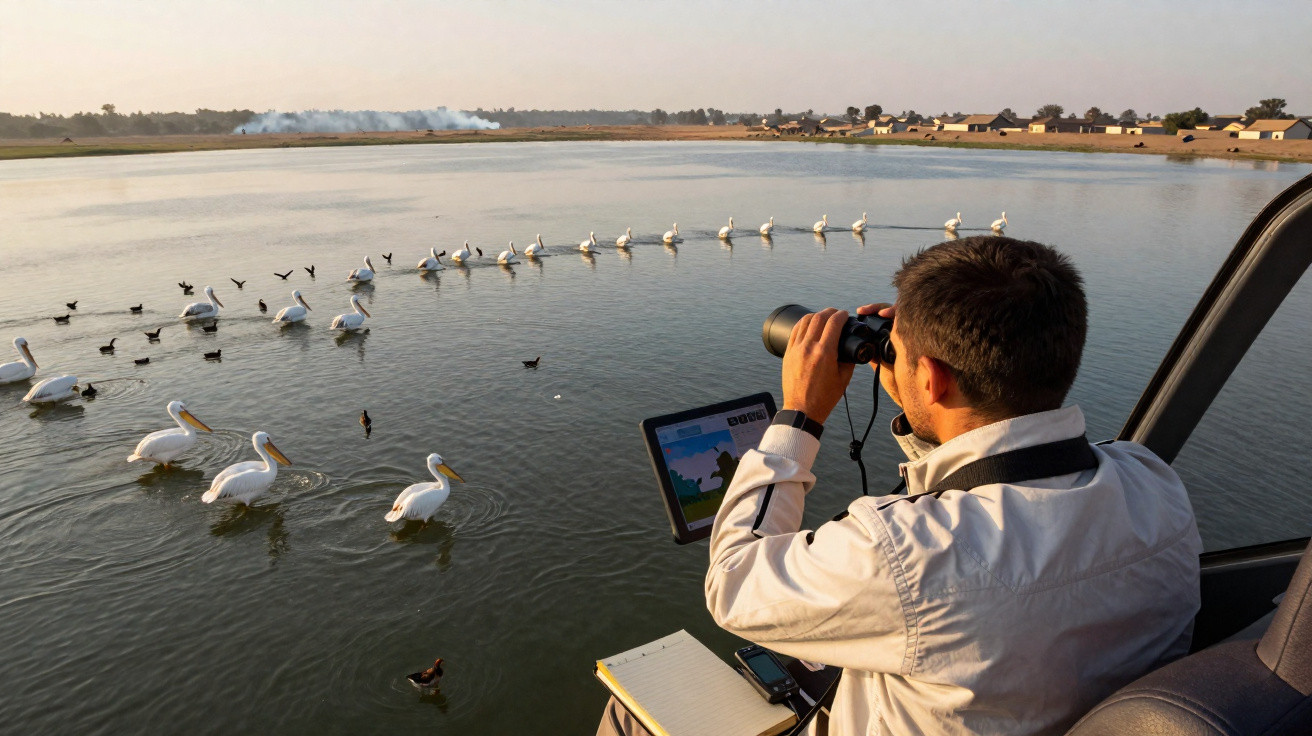 Homem em barco observa aves aquáticas com binóculos num lago calmo ao pôr do sol.