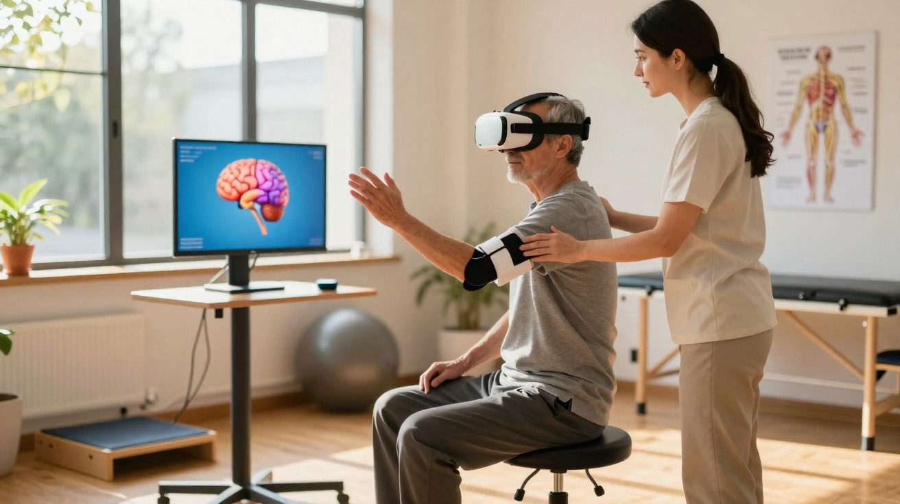 Idoso com óculos de realidade virtual a realizar fisioterapia assistido por profissional de saúde.