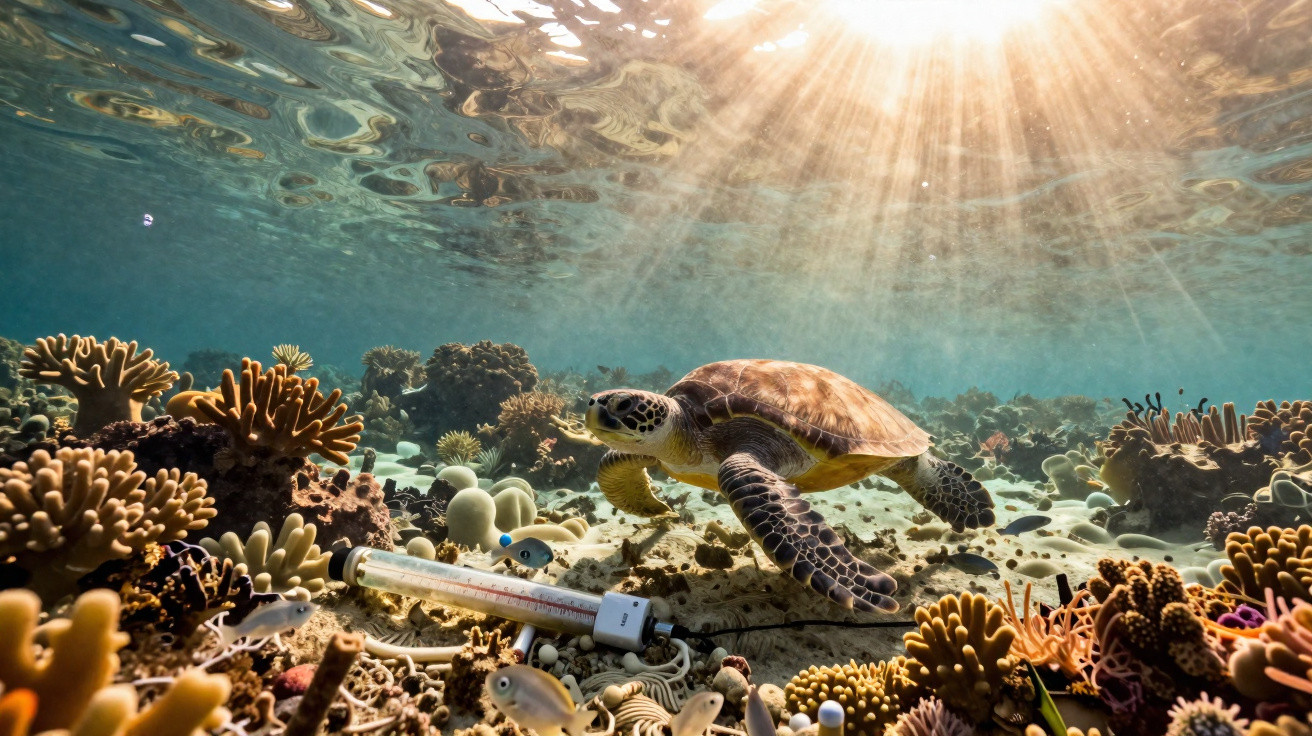 Tartaruga marinha a nadar sobre recife de corais com peixe e termómetro submerso na água cristalina.
