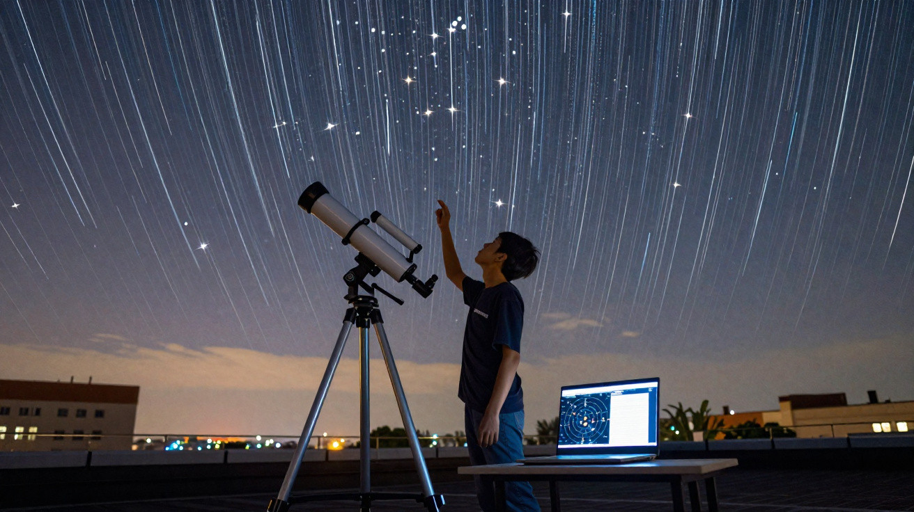 Rapaz a usar telescópio num terraço durante a noite, com o céu estrelado e rastos das estrelas em movimento.