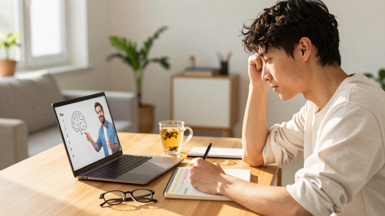 Homem a assistir a uma aula online no portátil enquanto escreve apontamentos numa sala iluminada.