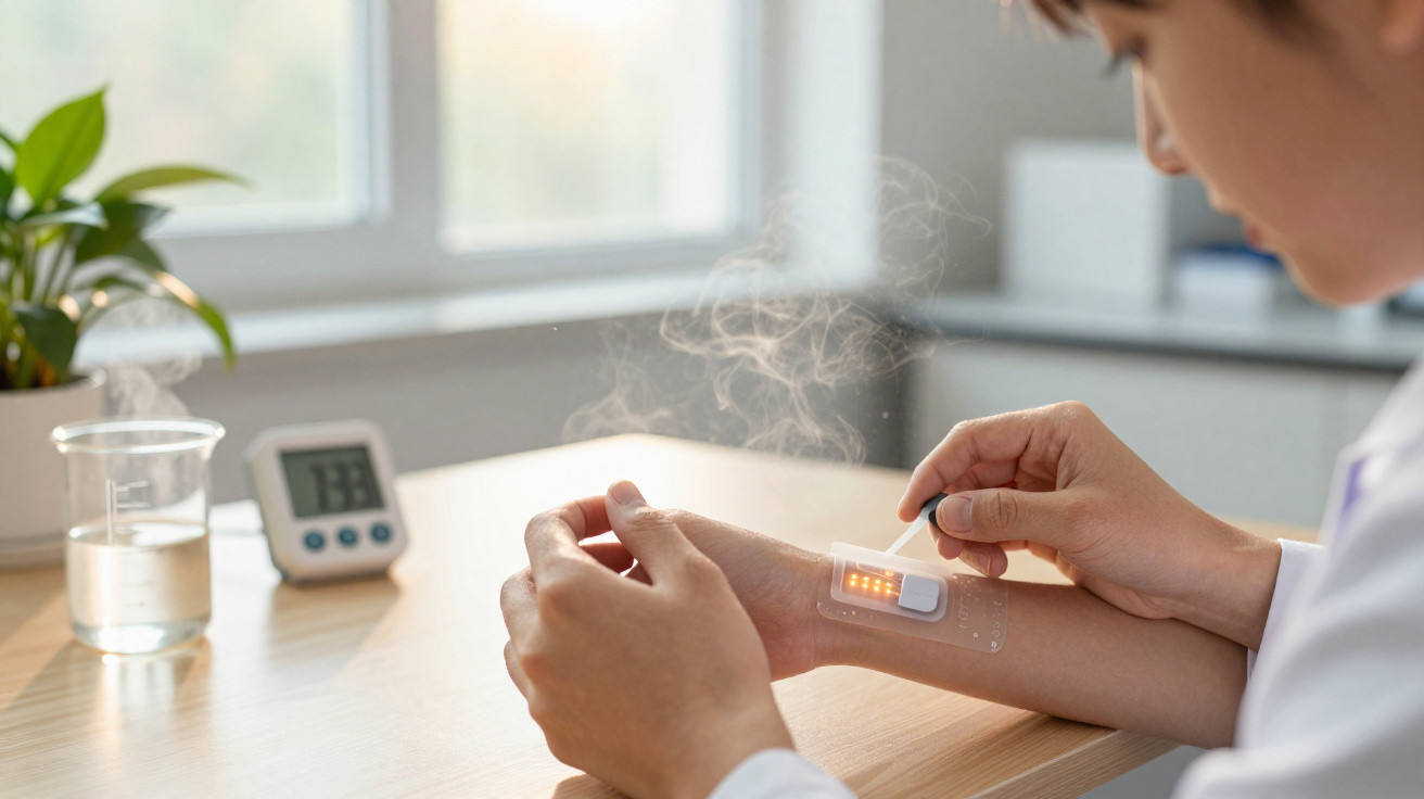 Pessoa a aplicar adesivo tecnológico luminoso no braço, medidor de temperatura digital e copo com vapor na mesa.