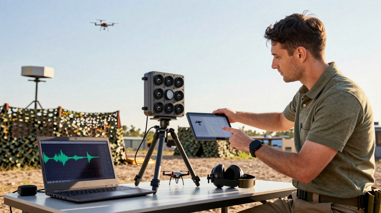 Homem a operar drone e monitorizar sinais no tablet e portátil num campo aberto com equipamento técnico sobre a mesa.